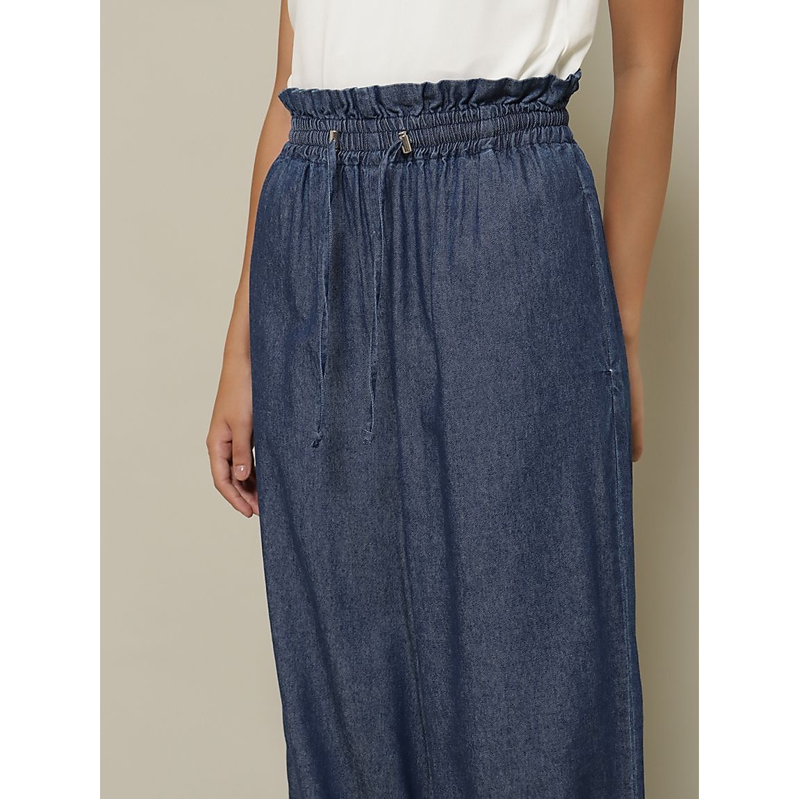 コットンレーヨンデニム ウエストギャザーパンツ