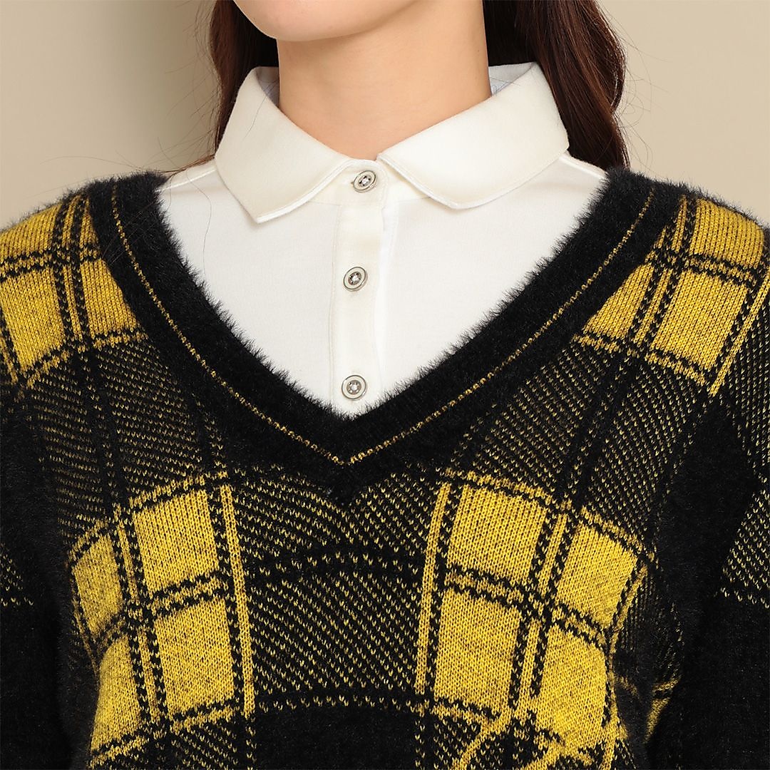 チェックジャカードＶネックヘアリーニット