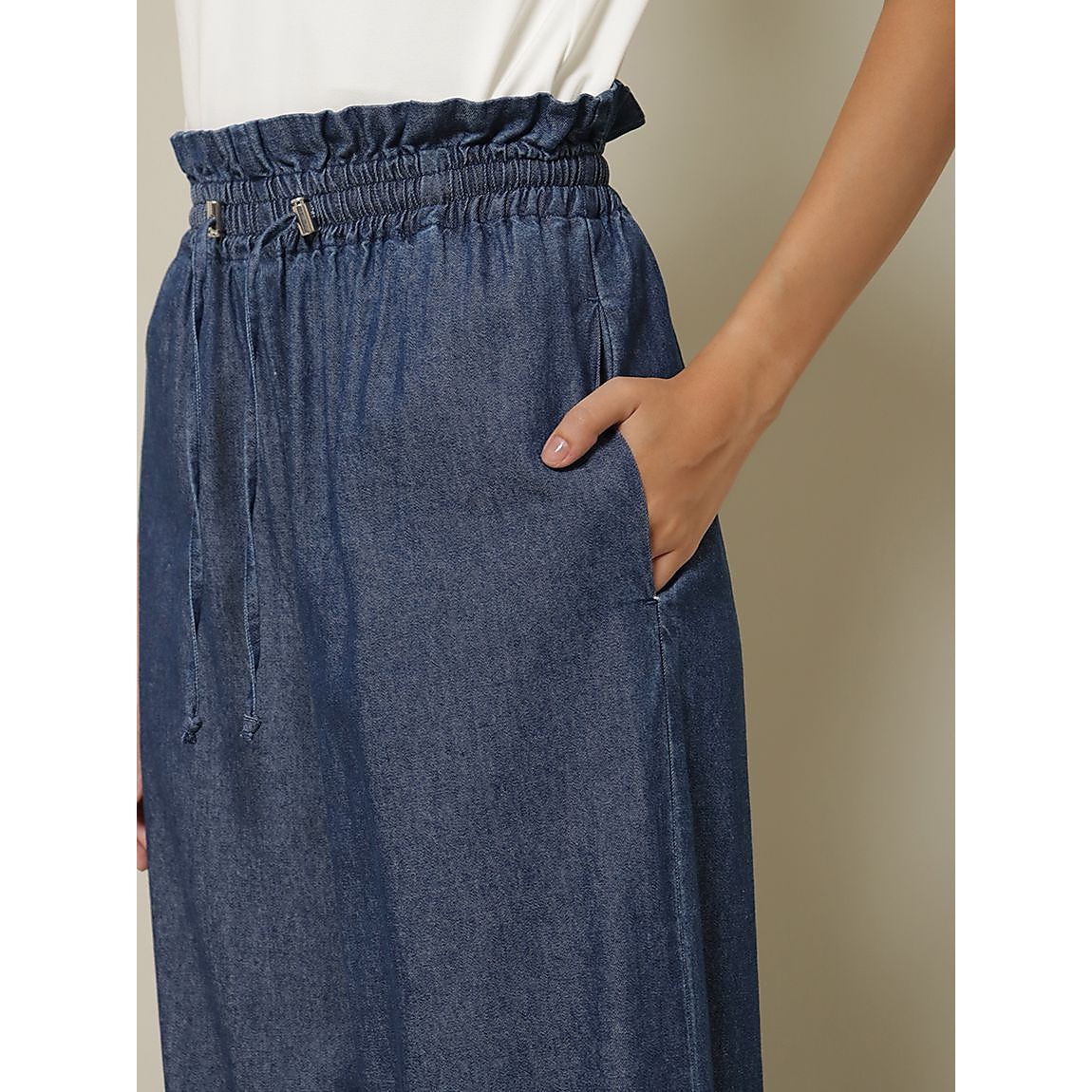 コットンレーヨンデニム ウエストギャザーパンツ