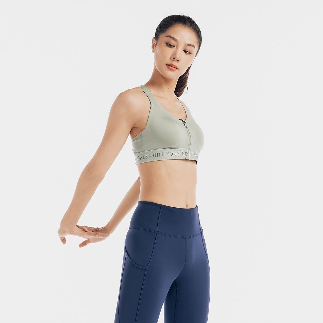 フィットネス レディース スポーツブラ カップ付 ハイインパクト ファスナー式 GRN