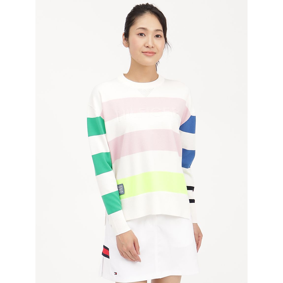 トミー ヒルフィガー ゴルフ レディース ラガーストライプクルーネックニット