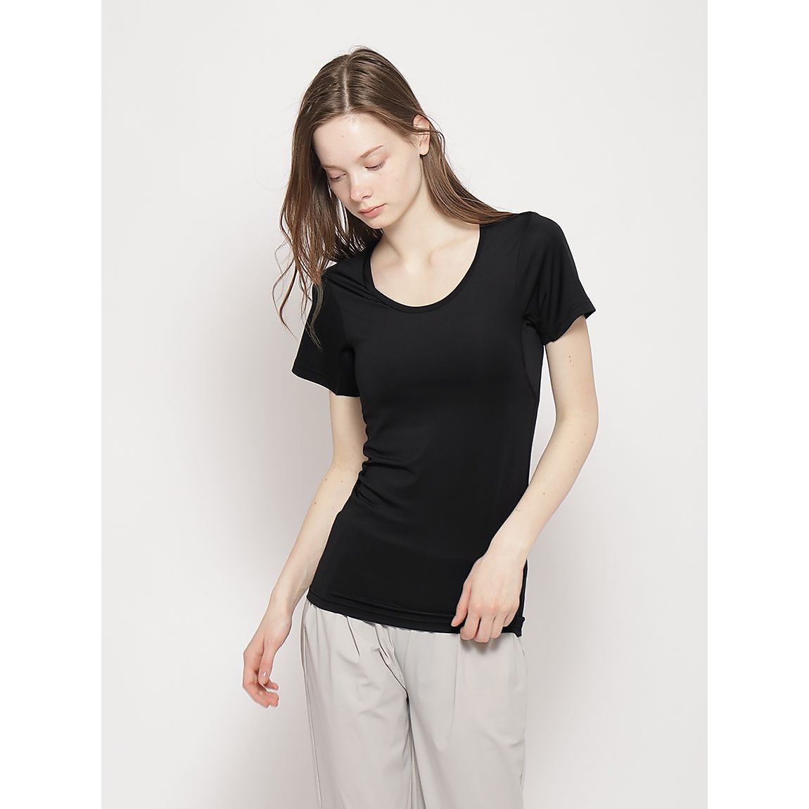 脇汗パッド付インナー Uネック半袖Tシャツ LADIES