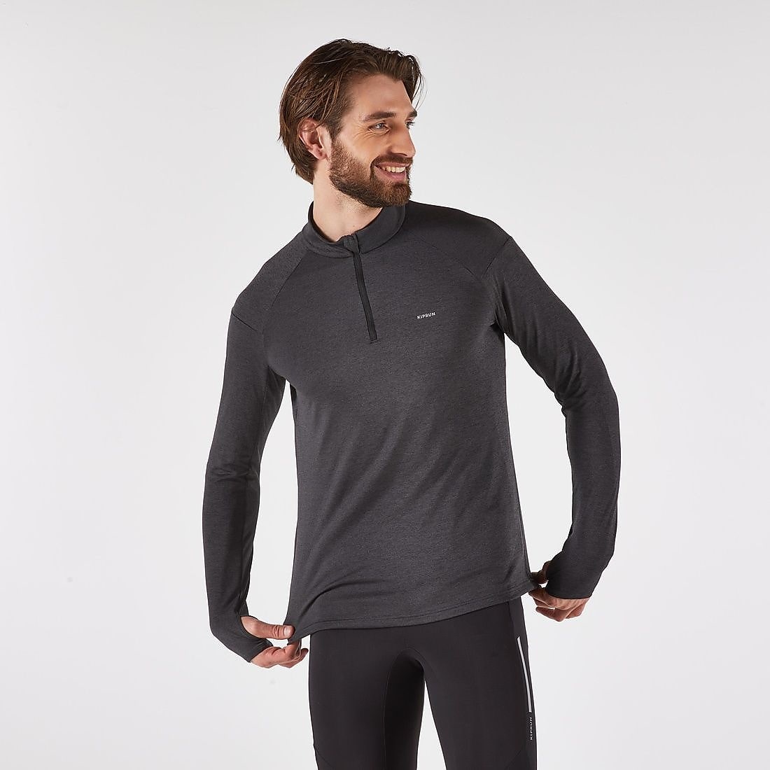 ランニング メンズ 保温/透湿性 ハーフファスナー長袖Tシャツ RUN 100 BLK
