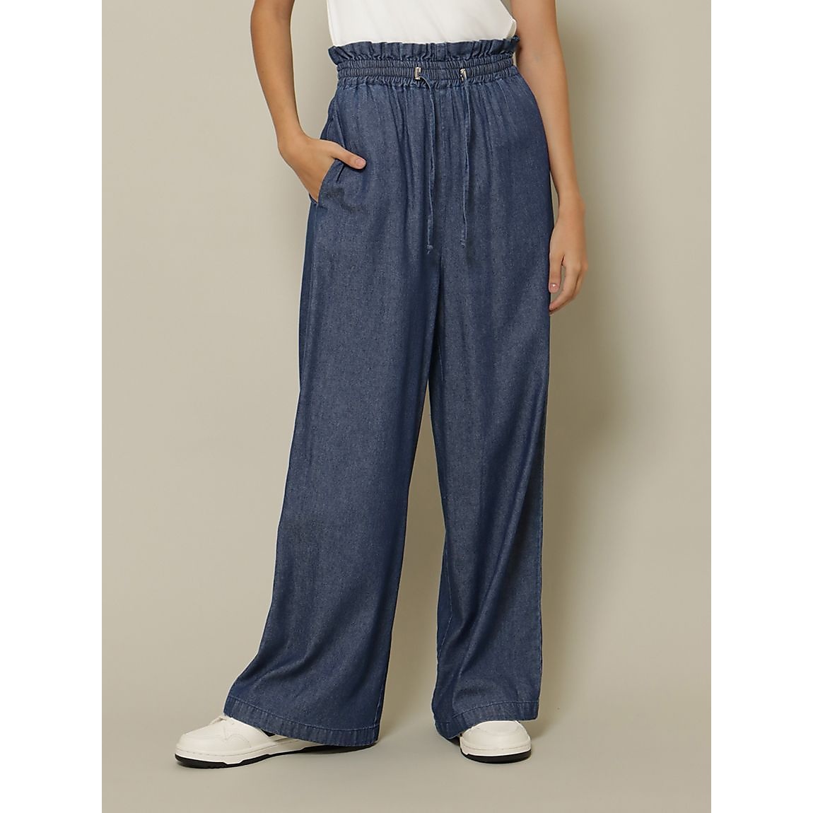 コットンレーヨンデニム ウエストギャザーパンツ