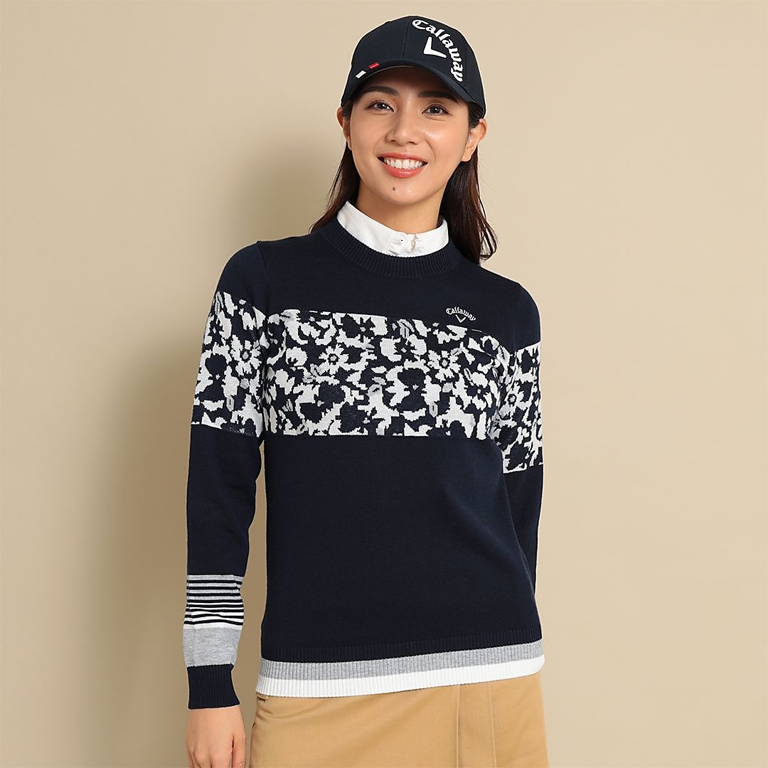 フラワージャカードクルーネックニット