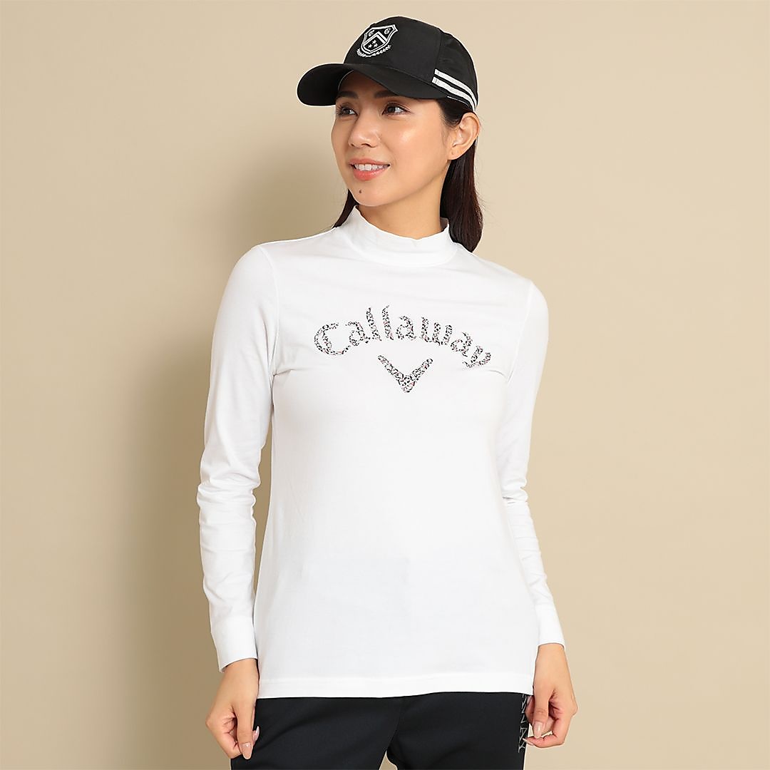 天竺長袖モックネックロゴプリントシャツ